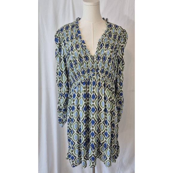 Anthropologie Womens Blue Motif Long-Sleeve V-Neck Ruffle Mini Dress Large - Picture 3 of 13
